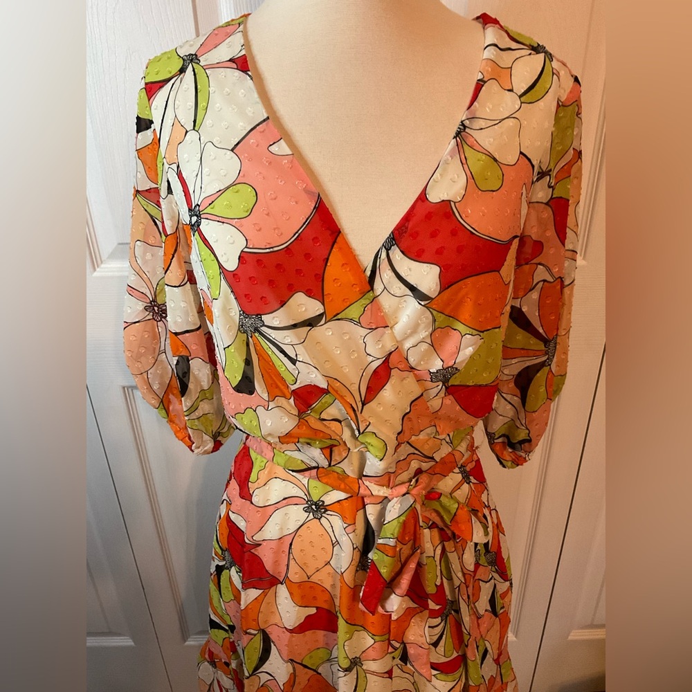 BCBGeneration Orange Peach Green Floral Dress Size 10 - Picture 5 of 8